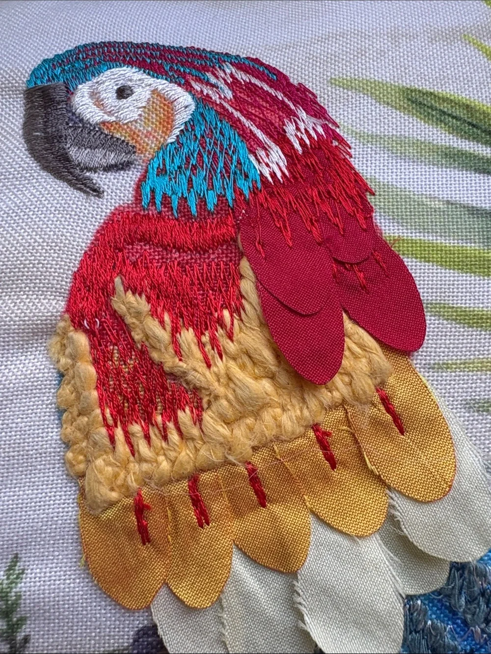 Embroidered Parrot Accent Pillow in Cream with Multicolor Detail